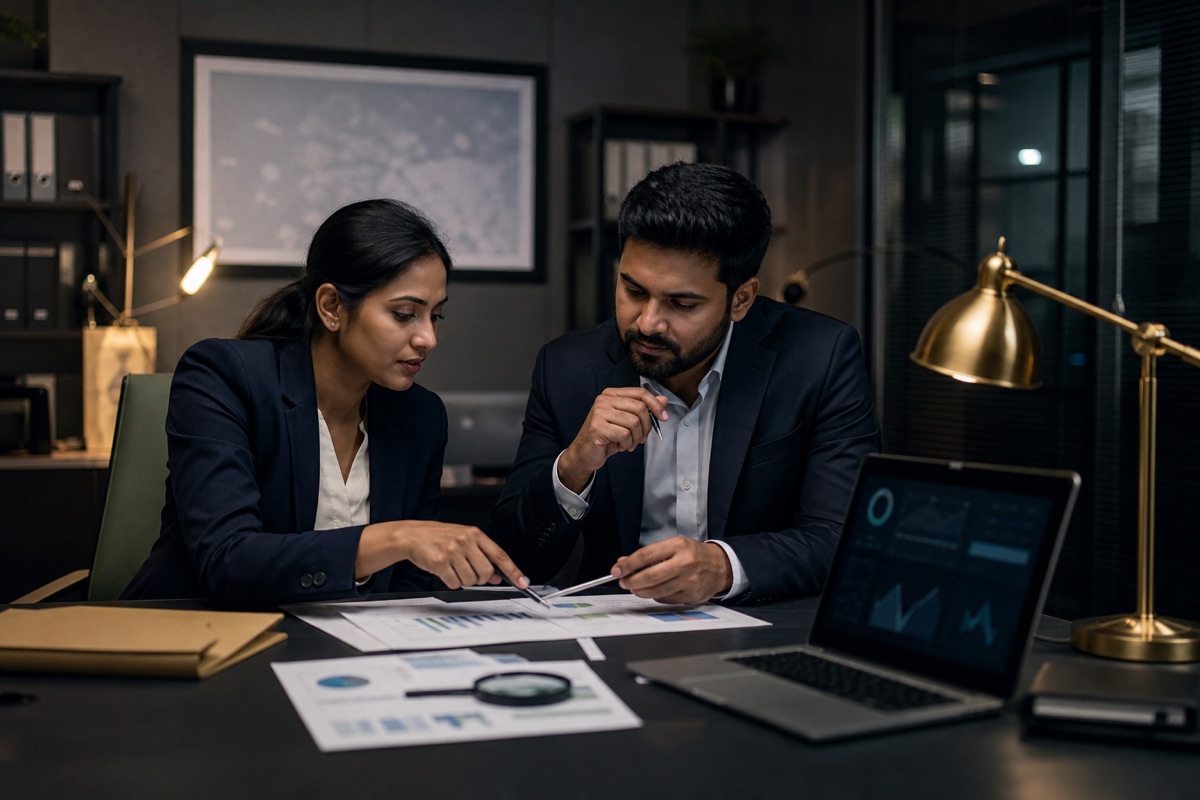 Indian corporate investigators reviewing business and digital evidence